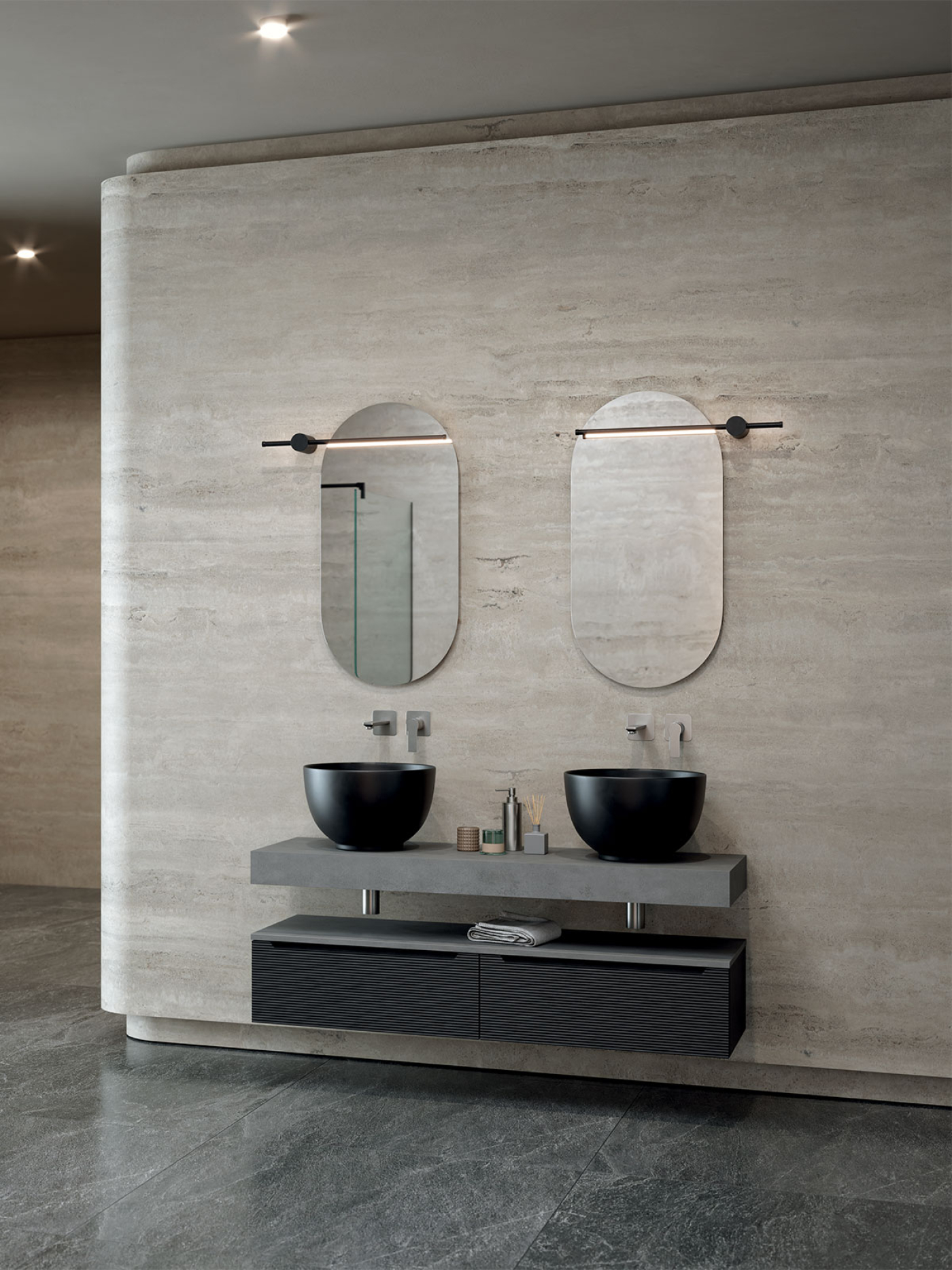 Mobile bagno sospeso Ikon 140 con mensolone composizione 2 finitura Cemento grigio caldo - Idrica Catania Mobile bagno sospeso Ikon 140 con mensolone composizione 2 finitura Cemento grigio caldo - Idrica Catania
