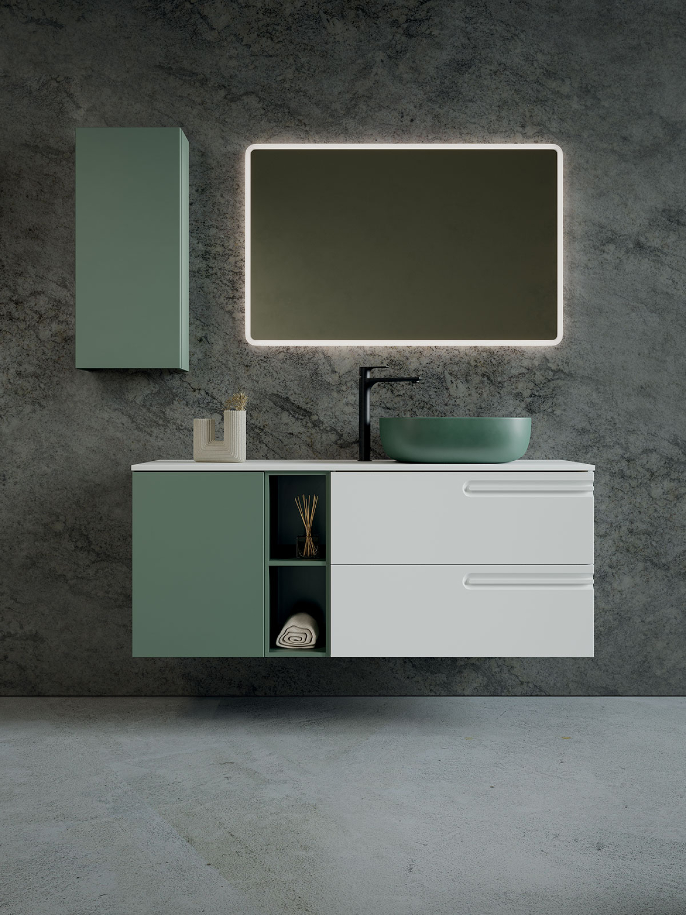 Mobile bagno sospeso Puro 140 composizione 1 finitura Bianco e Verde opaco - Idrica Catania Mobile bagno sospeso Puro 140 composizione 1 finitura Bianco e Verde opaco - Idrica Catania