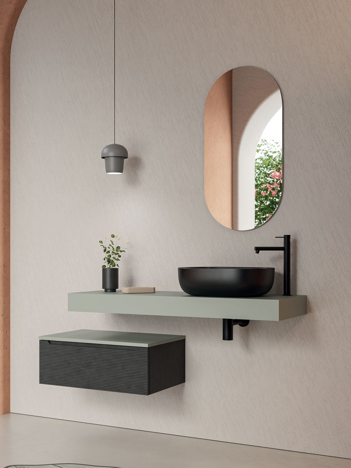 Mobile bagno sospeso Ikon 140 con mensolone composizione 3 finitura Verde opaco - Idrica Catania