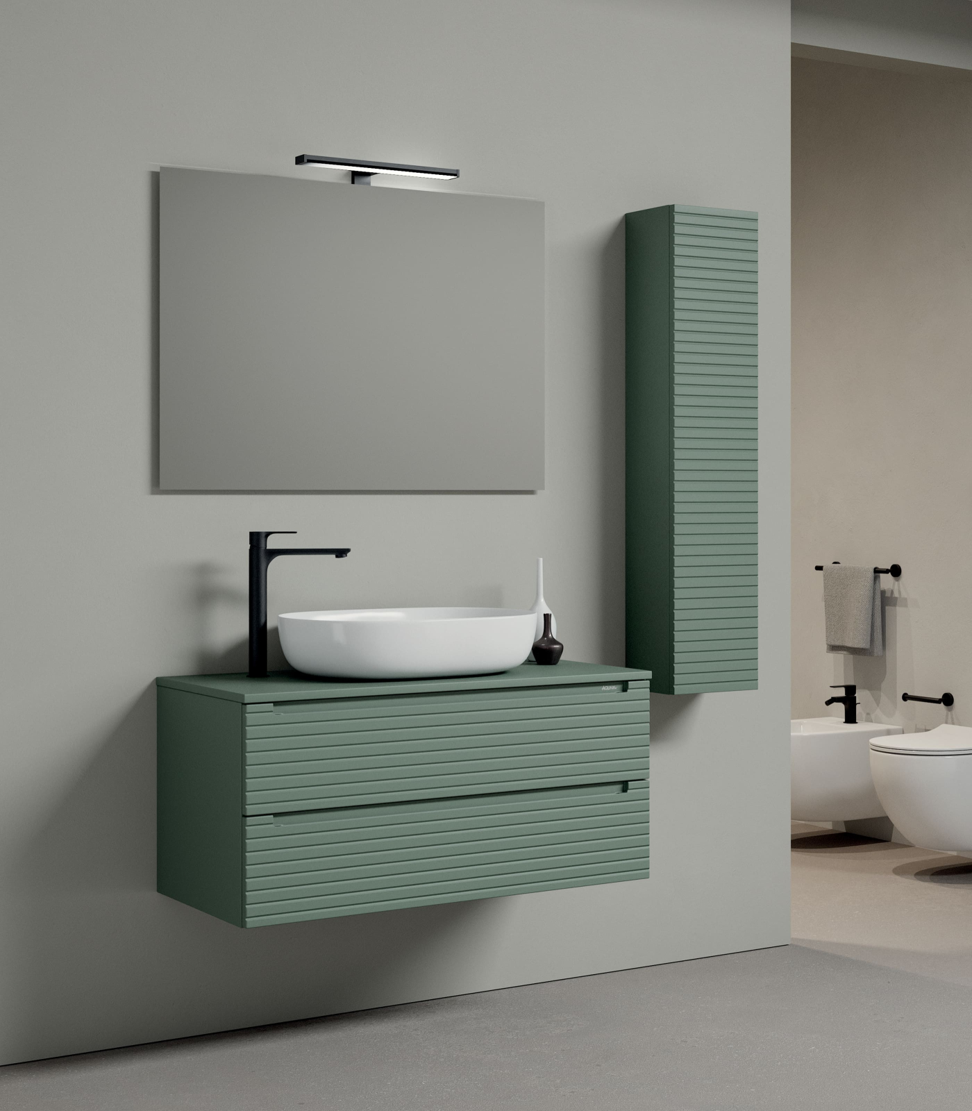 Mobile bagno sospeso S-Line 100 con colonna e top in legno finitura Verde opaco - Idrica Catania